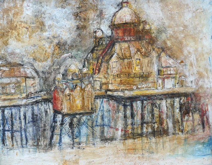 Harold Mockford (1932-2023), oil, Eastbourne Pier, unsigned, 50 x 63cm. Condition - fair, an area of flaking to the right